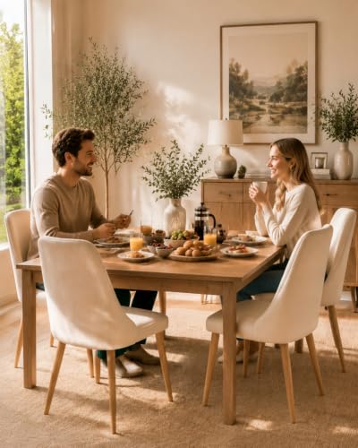 Set of 2 Mid-Century Dining Chairs High Back Beige Velvet Upholstered Modern Farmhouse Kitchen Chairs with Sturdy Metal Legs, Ergonomic Armless Accent Chairs for Dining Room/Living Room/Apartment - color: White
