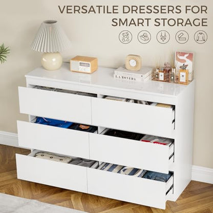 White 6 Drawer Dresser for Bedroom 47" Wide Closet Storage | Wood Dresser, Modern High Gloss, Handle-Free, for Entryway|TV Stand|Living Room - size: 15.4"D x 47.2"W x 32.3"H (6 Drawers)