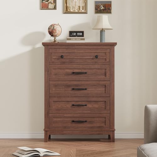 GarveeHome 5 Dresser for Bedroom, 41.3 in Tall Vertical Drawer Dresser with Large Storage, Freestanding Wooden Closet Chest for Bedroom, Living Room, Walnut - color: Walunt, size: 15.8"D x 31.5"W x 41.3"H (5 Drawers)