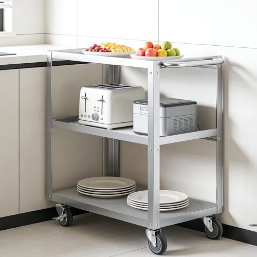 Hally Stainless Steel Utility Cart 3 Tier NSF Rolling Carts 31" Lx19 Wx34 H | Commercial Heavy Duty Metal Mobile Food Cart, with Handle and Wheels, for Kitchen, Restaurant, Hospital, Laboratory and Home - size: 19''x31''x34''