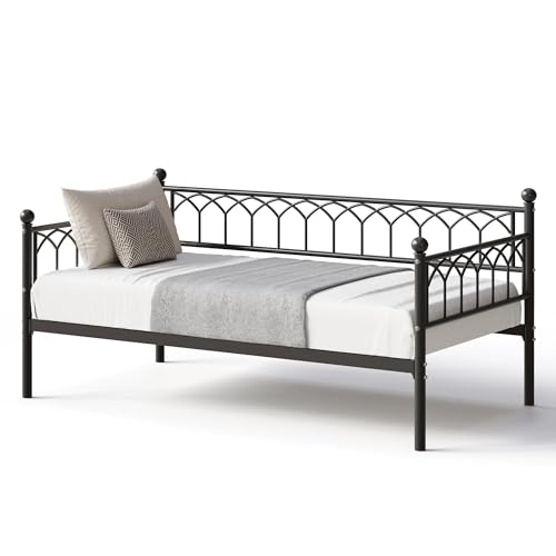 IDEALHOUSE Twin Size Daybed, Sofa Bed Frame with Metal Steel Slat Support, Heavy Duty Metal Bed Frame, Space Saving, Easy Assembly, for Small Spaces, Living Room, Bedroom, Apartment, Black | Pull-Out Trundle, Space-Saving, Metal Frame, Living Room, Bedroo
