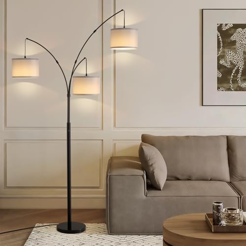 Netin 3 Light Arc Floor Lamps for Living Room, Led Floor Lamp with Remote Control, Modern 80" Tall Standing Lamp with Gray Shades, 3 Color Temperature, Mid Century Tree Floor Lamp for Bedroom, Office - color: Matte Black-Gray Linen Shade