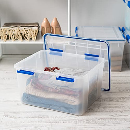 IRIS USA 2-Pack 44 Qt Storage Bins with Gasket Lids, Clear/Blue | WeatherPro seal helps protect bulky items for moving, garage, attic and basement storage - size: 44 Qt. - 2 Pack