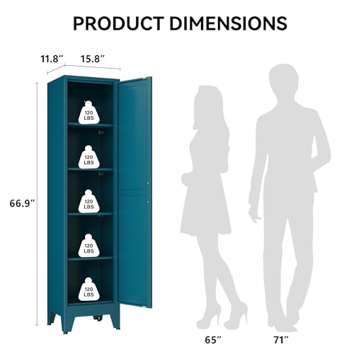 COFaR 67" Metal Narrow Storage Cabinet, Peacock Blue Slim Storage Cabinet with Magnetic Door & 4 Adjustable Shelves, Slim Freestanding Cupboard for Bathroom, Kitchen - color: Peacock Blue, size: 67"H 5 Tiers & Narrow