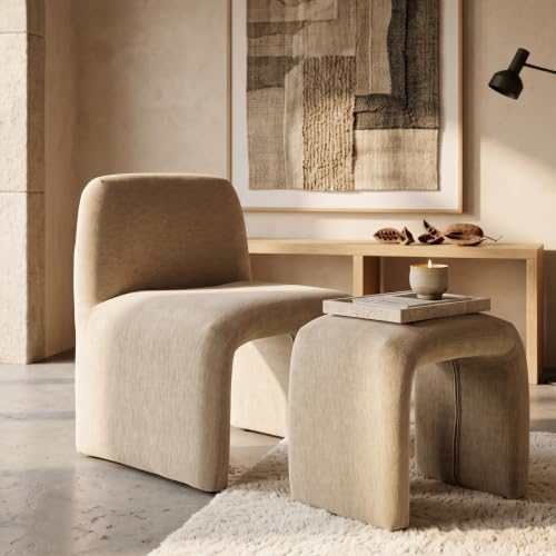 Hyfirm Accent Chair with Matching Side Table, Sculptural Design, Khaki | Sculptural armless reading chair with matching upholstered side table for living rooms, bedrooms, and reading nooks - color: Kakhi Chenille