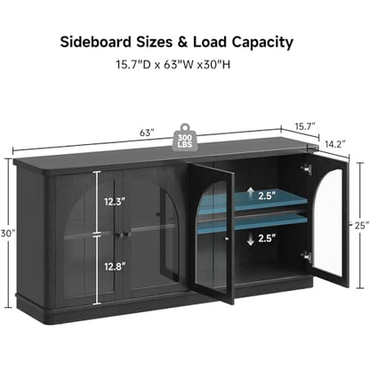 63 Inch Sideboard Buffet Cabinet with Glass Doors, Credenzas Cabinet, Black | 4 Doors, Arched, Large, Adjustable Shelves, Modern Style, for Living Room, Kitchen, Entryway