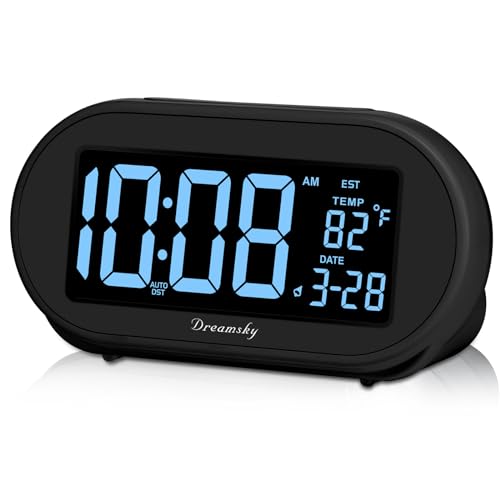 DreamSky Alarm Clocks for Bedrooms, Auto Set Digital Clock with Date & Temp | Electric Desk Clock with Dimmable Brightness Dimmer for Bedside Nightstand, Auto DST, USB Port, Temperature, Snooze - color: Black