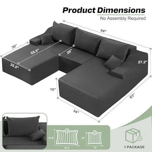 U Shaped Modular Sectional Couch for Living Room, Modular Cloud Sofa with Ottoman, No Assembly Boneless Couches with Deep Seat, Corduroy Fabric (Grey, Right Facing) - color: Corduroy Grey, size: 94" U-Shaped Sofa-R