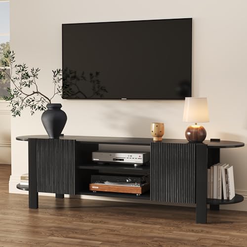 65 Inch TV Stand for Up to 75 inch TVs, Fluted Entertainment Center with Adjustable Shelve, Curved Round Corner TV Console Table with Storage for Living Room, Bed Room (Black) - color: Black