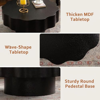 Modern Black Scalloped Coffee Table 31.5" Round Wood Center Table Wave-Shape Coffee Tea Tables with Pedestal Base for Living Room Apartment Small Space (Black) - color: Black