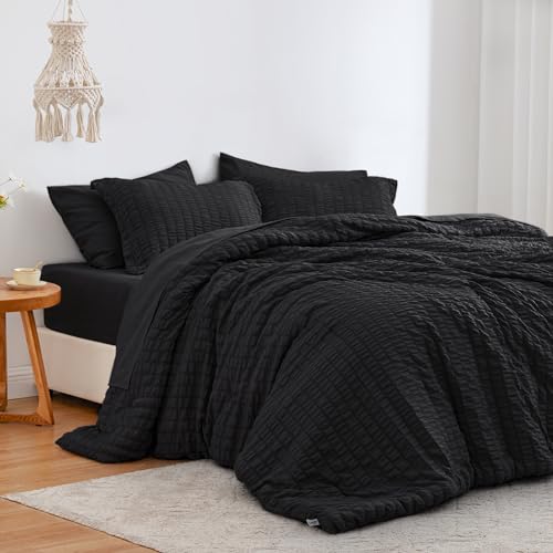 Love's cabin Seersucker Black California King Comforter Set, 7-Piece All Season Lightweight Bed in a Bag Bedding Set with Comforter, Flat Sheet, Fitted Sheet, Pillowcases and Shams - color: Black, size: California King (104"x96")