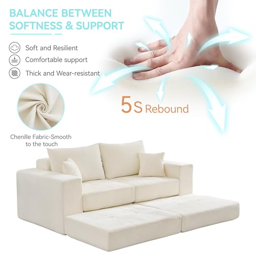 79" Boneless Cloud Loveseat Sofa, Modular Sectional Love Seat with Ottoman, Modern L-Shaped Tufted Convertible Sleeper Sofa Bed for Living Room & Small Spaces, No Assembly Required, Beige - color: Beige, size: 79.5" Tufted Boneless Loveseat