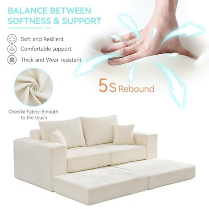 79" Boneless Cloud Loveseat Sofa, Modular Sectional Love Seat with Ottoman, Modern L-Shaped Tufted Convertible Sleeper Sofa Bed for Living Room & Small Spaces, No Assembly Required, Beige - color: Beige, size: 79.5" Tufted Boneless Loveseat