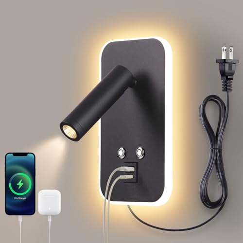 Wall-Mounted LED Bedside Reading Light Plug-in, with USB Charging Port, Stepless Touch Dimming, 3000K Warm Ambient Lighting Wall Lamp Sconce for Bedroom, Eye-Caring Bedroom Lighting (Black) - color: Black (with plug)