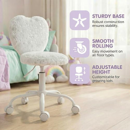 chairus Kids Desk Chair Faux Fur Study Chair for Teenage Girls, Adjustable Heart Shaped Kids Vanity Chair for Bedroom Reading Living Room, Small Cute Student Task Chair with White Foot, Snowflake - color: Snowflake