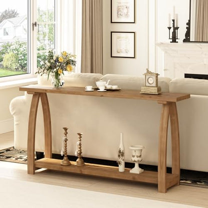 63" Long Solid Wood Console Table, Narrow Behind Couch Sofa Table | with A-Shaped Curved Legs, with Storage Shelf, Farmhouse Entryway Table, Rustic Skinny, for Living Room, Hallway or Foyer