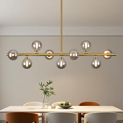 Mid Century Modern Globe Sputnik Chandelier, 9-Light Linear Chandeliers for Dining Room and Kitchen Island, Dining Light Fixture Over Table, Brass Gold and Smoke Grey Glass Bubble, 40 Inch - color: Gold Somke Grey, size: 9-Light 40 Inch