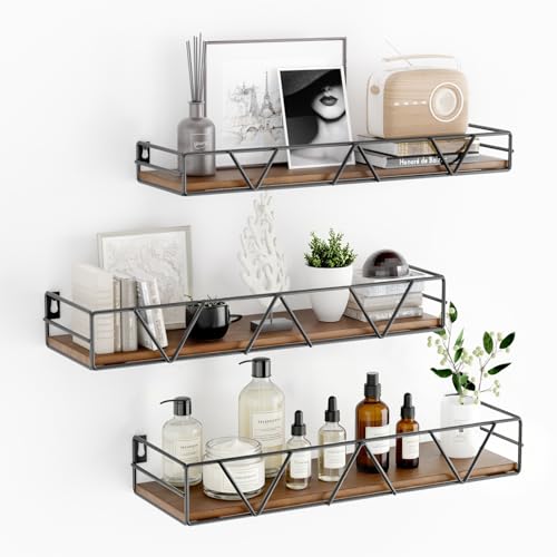 Floating Shelves for Wall Set of 3, Shelf for Home Storage Decor | Wall Mounted Hanging Shelves for Living Room, Bedroom, Bathroom, Kitchen - Brown - color: Wood