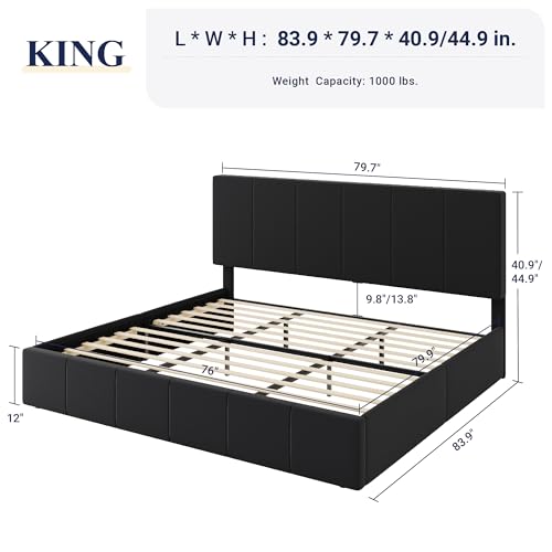 Allewie King Size Dutch Velvet Upholstered Platform Bed Frame/Vertical Channel Tufted Adjustable Headboard/Low Profile Bed Frame/No Box Spring Needed/Easy Assembly/Black - color: Black, size: King