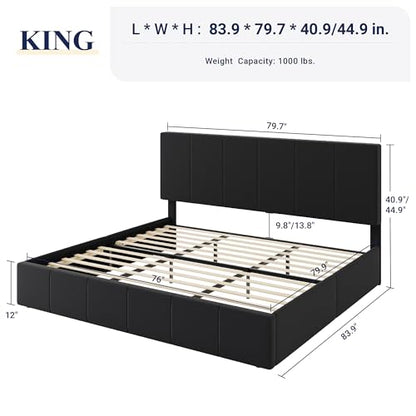 Allewie King Size Dutch Velvet Upholstered Platform Bed Frame/Vertical Channel Tufted Adjustable Headboard/Low Profile Bed Frame/No Box Spring Needed/Easy Assembly/Black - color: Black, size: King