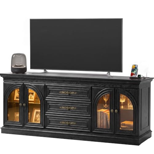 JUMMICO LED Farmhouse TV Stand with Charge Station for 70 Inch TV(Black) | Entertainment Center with Fast Power Outlets, Media Console with Storage Cabinets & 3 Drawers, TV Cabinet for Living Room - color: Black, size: TV Stand with Charge Station
