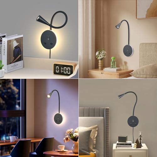 Black Headboard Reading Light with Nightlight, 2 Pack Wall Mounted Reading Lights with Switch, Plug-in Hardwired Reading Lamp for Bedtime Reading, Gooseneck Reading Sconces for Bedroom, Bedside - color: Black-2 Pack