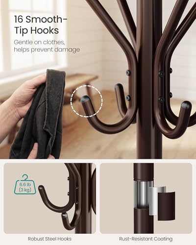 SONGMICS Coat Rack Freestanding with 16 Hooks, Metal Coat Tree Stand with 4 Adjustable Feet, Clothes Hanger Stand for Entryway Bedroom Living Room Hallway Office,Bronze URCR083MZ01S - color: Brown, style: 16 hooks
