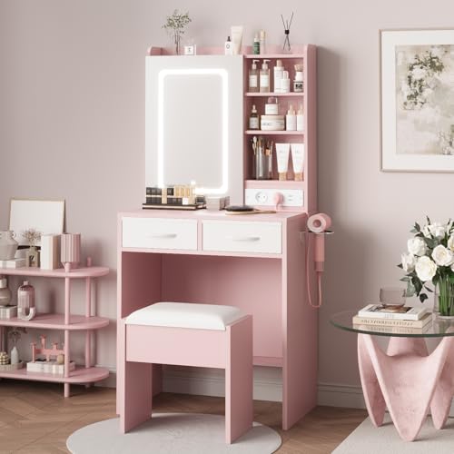 Pink Makeup Vanity Desk with Mirror and Lights, Vanity Table Set with Charging Station, Dressing Table with Stool, 2 Drawers, Open Shelves, Power Outlets & USB Ports, Vanity Desk with RGB Cabinets - color: Pink
