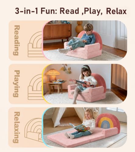 little dove Extra Wide Soft Kids Couch Fold Out, 2-in-1 Kids Couch, Convertible Kid Sofa, Kid Furniture for Playroom, Ideal Gifts for Boys & Girls Ages 3+, Pink