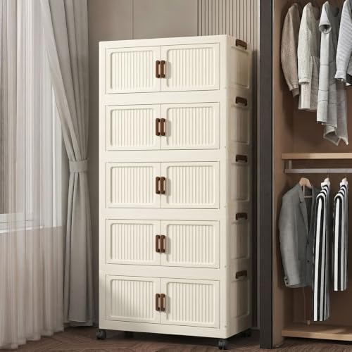 446QT Modular Stackable Storage Cabinet, Rolling Lidded Storage Containers with Wheels, Collapsible Drawer Storage Bins for Clothes, Toys, Bedroom, Dorm Room Organization, Cream White（5 Pack） - size: 5 Pack 27 L x 15 W x 65 H