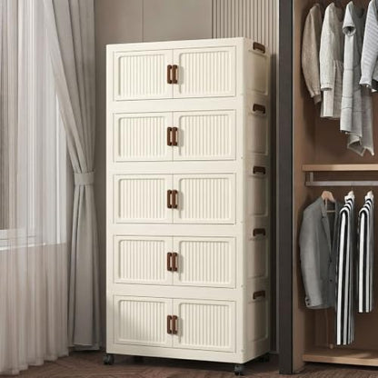 446QT Modular Stackable Storage Cabinet, Rolling Lidded Storage Containers with Wheels, Collapsible Drawer Storage Bins for Clothes, Toys, Bedroom, Dorm Room Organization, Cream White（5 Pack） - size: 5 Pack 27 L x 15 W x 65 H