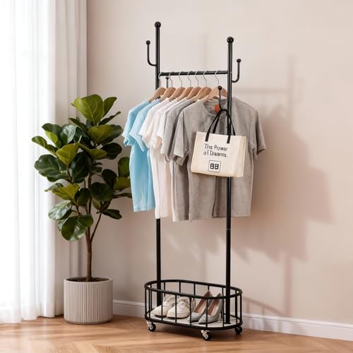 Free Standing Rolling Clothes Rack with Wheels Coat Rack - Black | Small Narrow Cloth Hanger Metal Garment Racks for Bedroom Livingroom Lab Dress Shirts Rack with Storage Shelves - color: Black