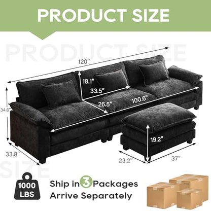 120" Modular Sectional Sofa, Comfy Deep Cloud Couch with Ottoman | L-Shaped Couches for Living Room, Modular Couch, Deep and Wide Seat, Chenille Sofa Sleeper with Throw Pillows, Black - color: Black, size: 120 Inch L