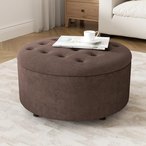 30 Inch Round Storage Ottoman,Modern Tufted Ottomans,Upholstered Large Ottoman with Storage with Removable Top Footrest Stool for Bedroom Living Room (Darkbrown) - color: Darkbrown, size: 30"D x 30"W x 16.9"H