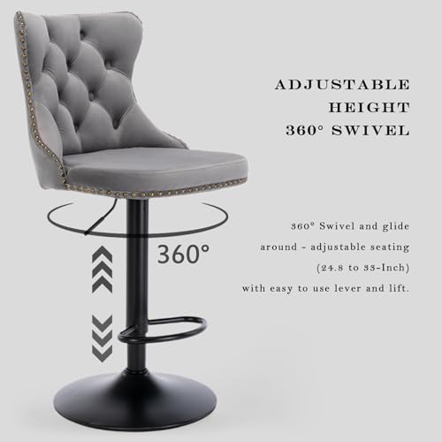 Velvet Bar Stool Set of 2, Adjustable Swivel Bar Stools with Black Metal Leg, Button Tufted, Footrest, Chrome Nailhead, Counter Height Chair for Kitchen, Bar, Dining Room (Grey) - color: Grey-black Leg, size: Set of 2