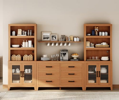 WAMPAT Entertainment Center with Bookshelves, Farmhouse TV Stand, Wood Media Console with Glass Doors and 6 Storage Drawers for Living Room, Bedroom, Mocha - color: Mocha