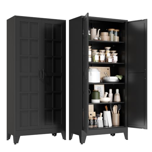 Metal Storage Cabinet with Doors and Adjustable Shelves | 71" Tall Pantry Cabinet for Kitchen Dining Room Bathroom Garage,Black,1 Pce - color: Black, size: 15.8"D x 31.5"W x 71"H-D