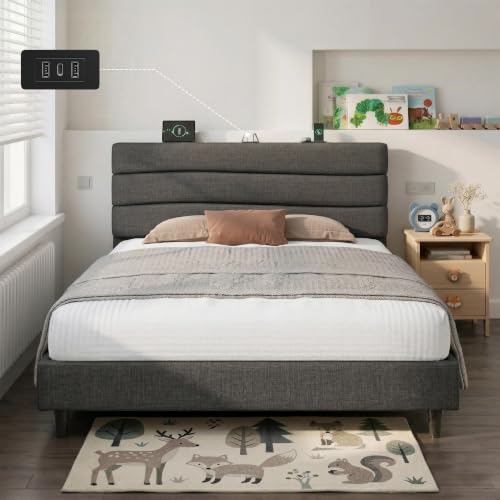 EnHomee Full Upholstered Bed with Charging Station & Headboard Shelf | Adjustable height, Wave design, 2 USB & 1 Type-C ports, Under-bed storage, Noise-free, No box spring needed, Grey - color: Grey, size: Full
