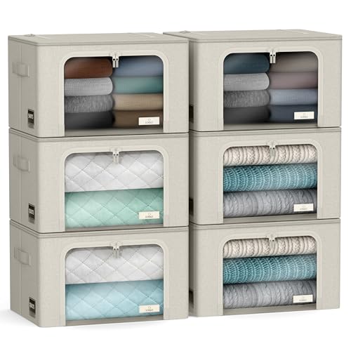 Sorbus Storage Bins with Metal Frame - Stackable & Foldable Clothes Organizer Bags - Oxford Fabric Storage Containers with Large Clear Window & Carry Handles Organization for Bedding Linen & Clothing - color: Beige, size: 6 Pack