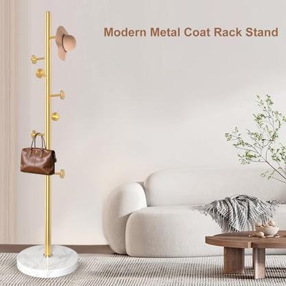 Coat Rack Stand,Golden Metal Coat Rack Freestanding with 8 Hooks | Modern Coat Rack with Natural Marble Base,Coat Hanger Stand, 3 Adjustable Coat Clothes Tree Stand for Office - color: Golden-8Hooks