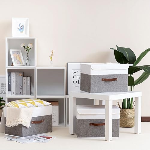Yawinhe Collapsible Storage Bins,White/Grey,13.0x9.0x7.9in,5-Pack | Fabric Storage Box with Lids, Washable Cube Organizer Basket; Fabric Container with Leather Handle,Closet Organizer for Home - color: White/Grey, size: M/(5 Pack)