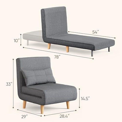3 in 1 Convertible Sleeper Chair Bed, 6 Angle Backrest, Dark Gray | Chair Bed Futon for Adults with 6 Angle Adjustable Backrest, Single Sofa Bed for Living Room/Apartment/Office