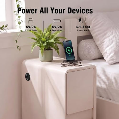 Modern Leather Nightstands of 2, Solid Wood Bedside Table with 2 Drawers & USB Charging Station, Small Preassembled End Table, Narrow Nightstand for Bedroom Living Room Office White - color: White, size: 8"