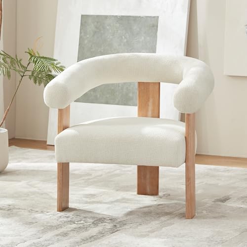 VKNOW Barrel Accent Chair, Vanity Chair with Armrests and Rubberwood Legs | Mid Century Modern Upholstered Living Room Chairs with Open Back, Chenille Fabric, arm chair for Living Room, Bedroom, Cream - color: Cream, size: Set of 1