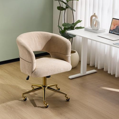 VINGLI Modern Curved Office & Vanity Desk Chair, Cute Upholstered Nail Chair with Wheels & 360° Swivel & Club & Tilting & Gold Base, for Bedroom, Living Room, Makeup, Velvet Chenille, Khaki - color: Khaki