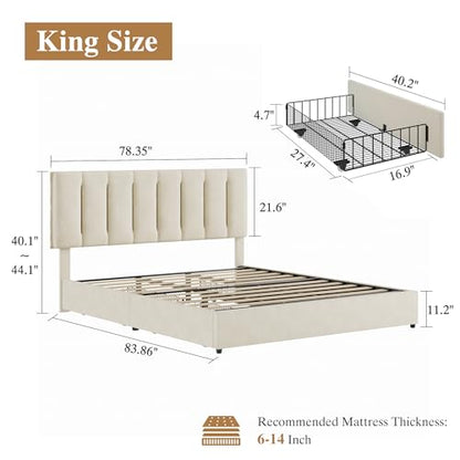 VECELO King Size Bed Frame with 4 Storage Drawers, Adjustable Height Headboard, Heavy-Duty Bedframe with Strong Wooden Slats, No Box Spring Needed, Pale Beige - color: Pale Beige, size: King, style: Bed Frame With Drawers