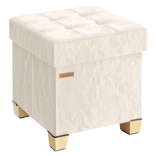 SONGMICS Storage Ottoman, Textured PU Leather Footstool with Legs, Footrest with Cushion, for Living Room and Bedroom, 15 x 15 x 15.7 Inches, White, Minota Collection ULSF523WD01 - color: White