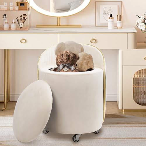 Round Storage Ottoman, Upholstered Velvet Vanity Stool with Lumbar Support, Swivel Rolling Wheels, Small Foot Stools Coffee Table Padded Seat for Makeup Room, Living Room, Bedroom Beige - color: Beige
