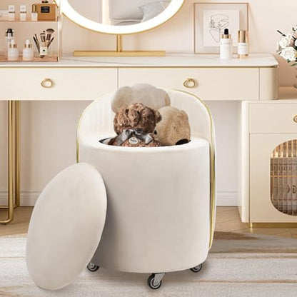 Round Storage Ottoman, Upholstered Velvet Vanity Stool with Lumbar Support, Swivel Rolling Wheels, Small Foot Stools Coffee Table Padded Seat for Makeup Room, Living Room, Bedroom Beige - color: Beige