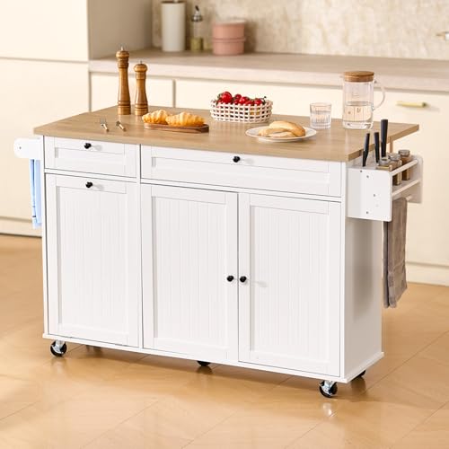 VEVOR Kitchen Island Cart with Storage, 60in Wide Mobile Kitchen Cart with Wheels, Drop Leaf, 2 Drawers, Trash Can Cabinet, Knife Holder, Spice Rack, and Towel Rack, Table for Dining Room, Pantry - size: 60.24"D x 27.56"W x 35.43"H, style: Moveable 1 Cash